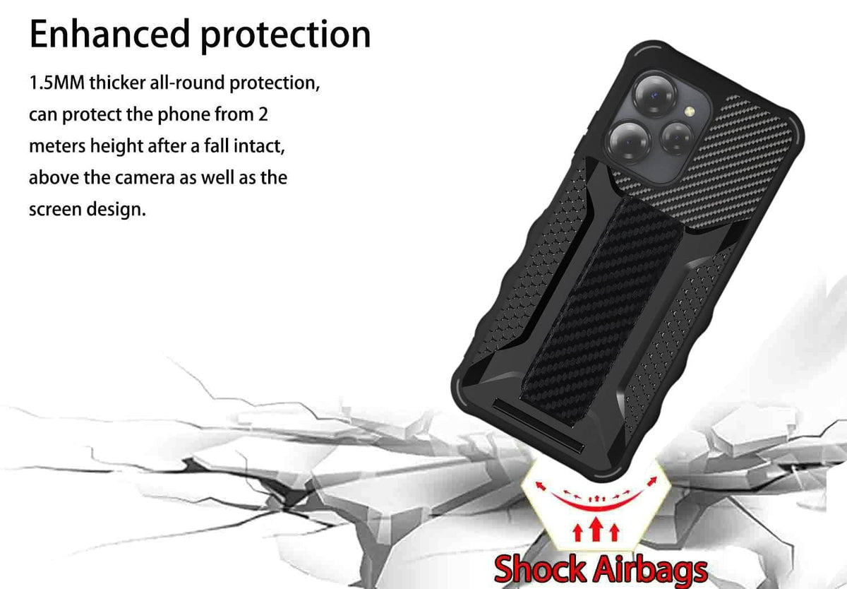 Black rugged phone case with thick all-around protection and camera bezel