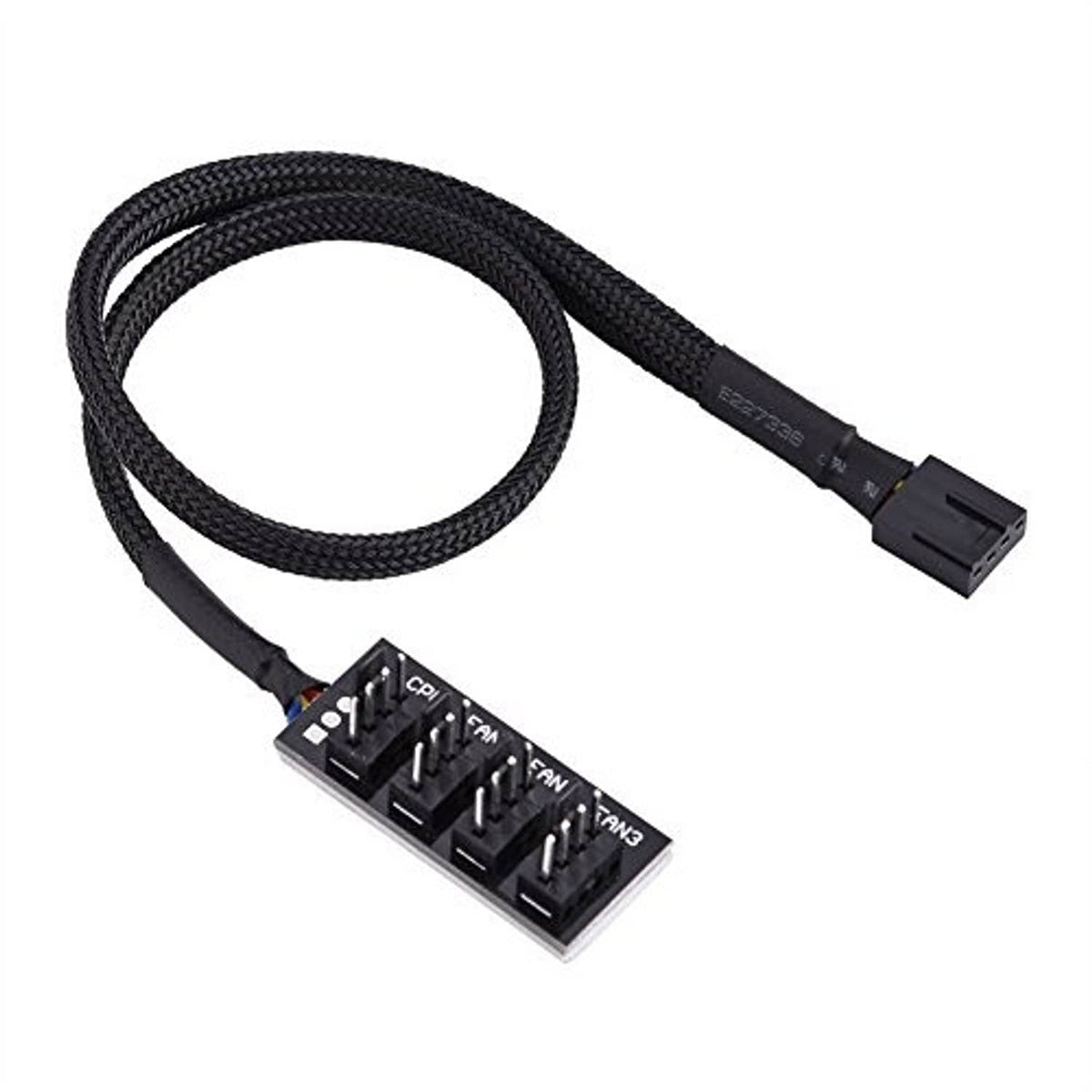 4-pin PWM fan hub adapter cable: black braided wire with fan header connector board