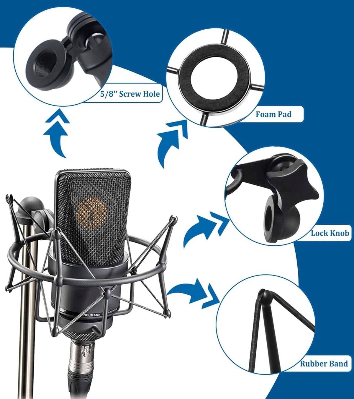 Black shock mount with foam pad, lock knob, and rubber band attachment details