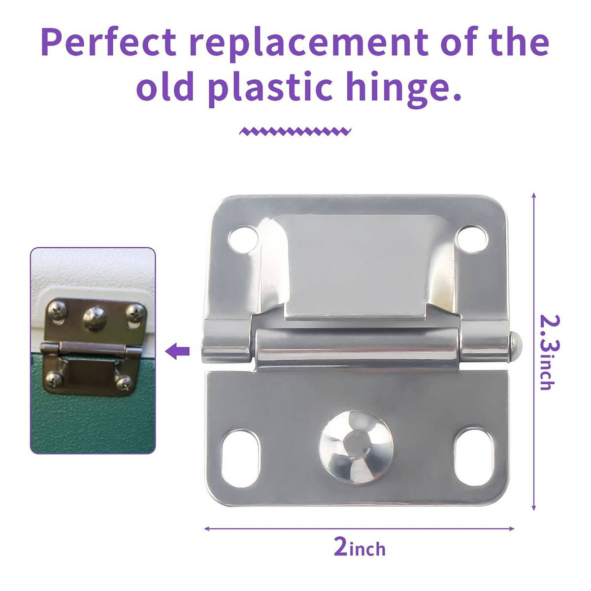 Stainless steel replacement cooler hinge with screws, 2 in size shown.
