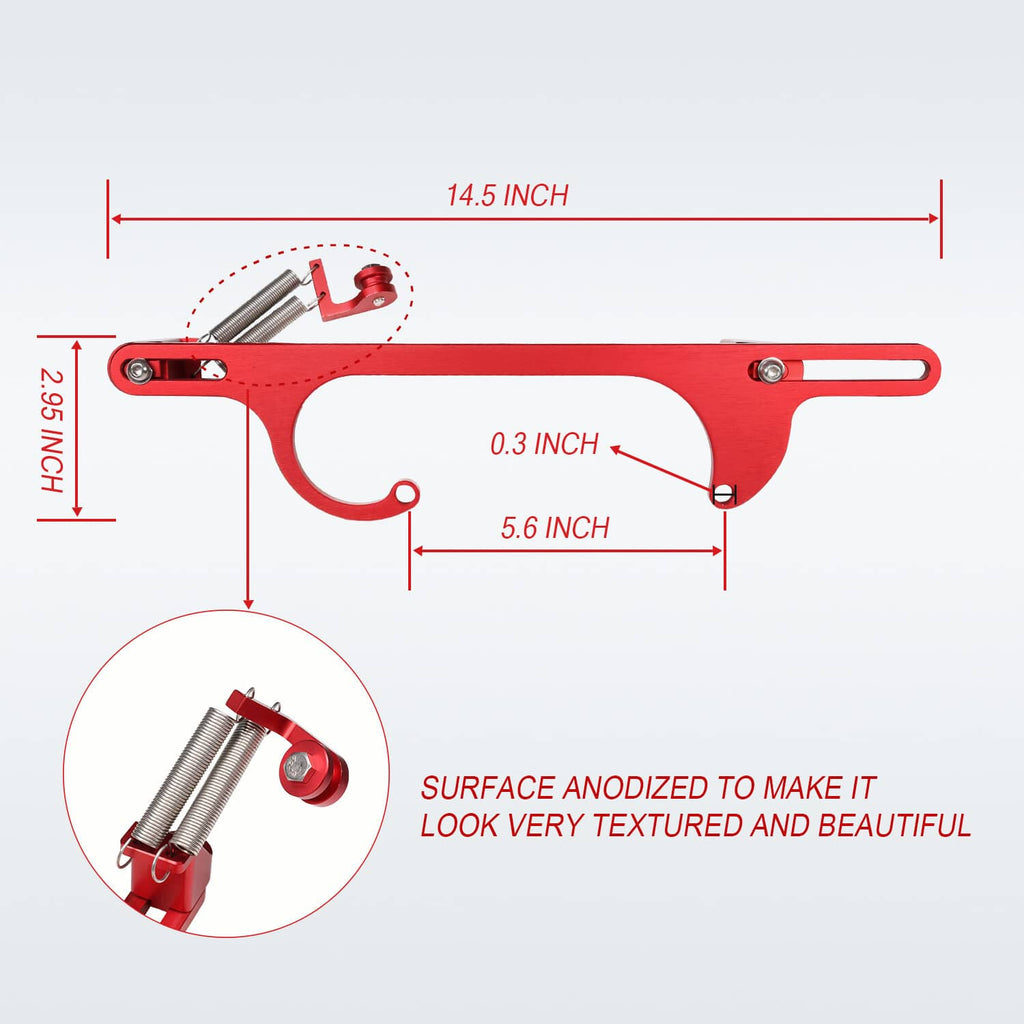 Red aluminum throttle bracket with printed size measurements and spring detail