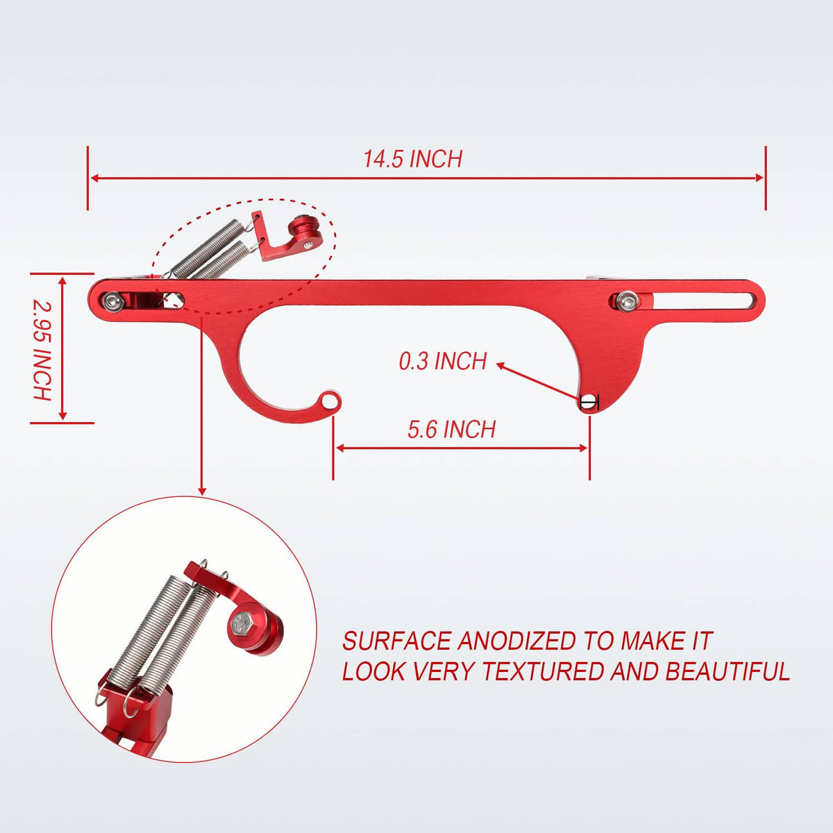 Red aluminum throttle bracket with printed size measurements and spring detail