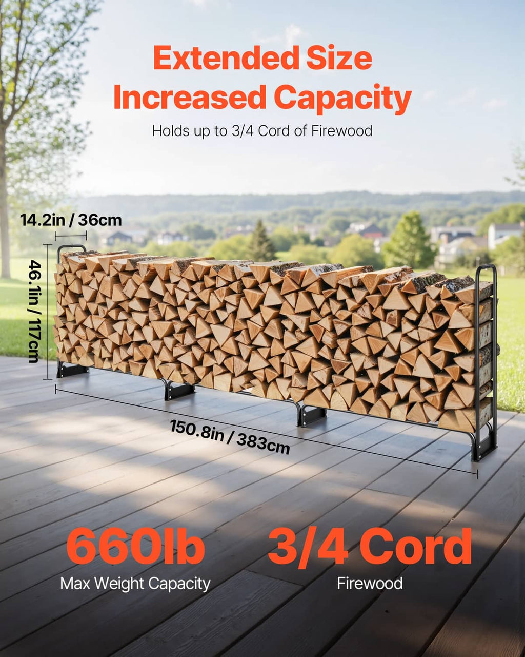 Outdoor firewood rack with black cover, holds stacked split wood on raised base