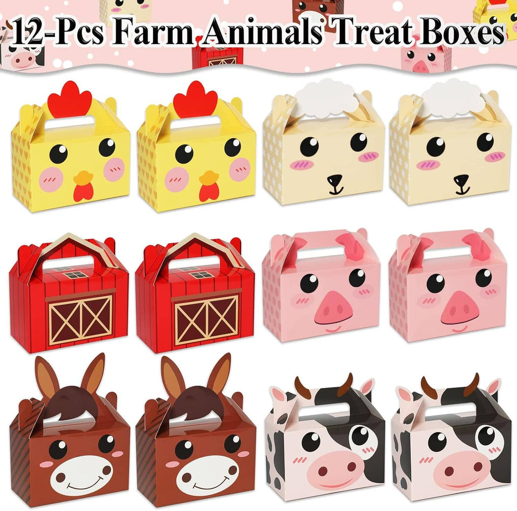 Farm animal treat boxes set of 12 showing cow, pig, dog, and chicken character faces