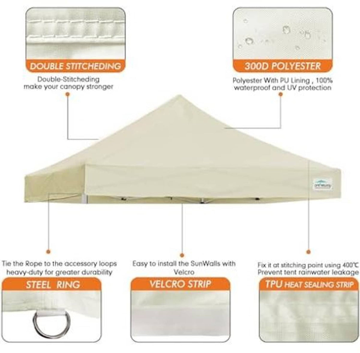 Beige waterproof canopy top with double-stitched seams, steel ring, and heat-seal strip