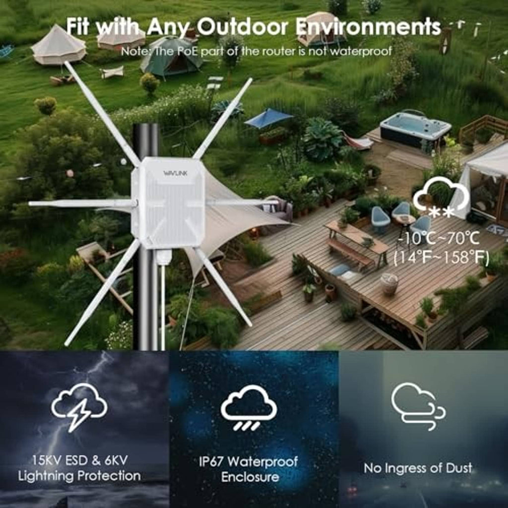 White outdoor Wi‑Fi extender mounted on a pole with four antennas