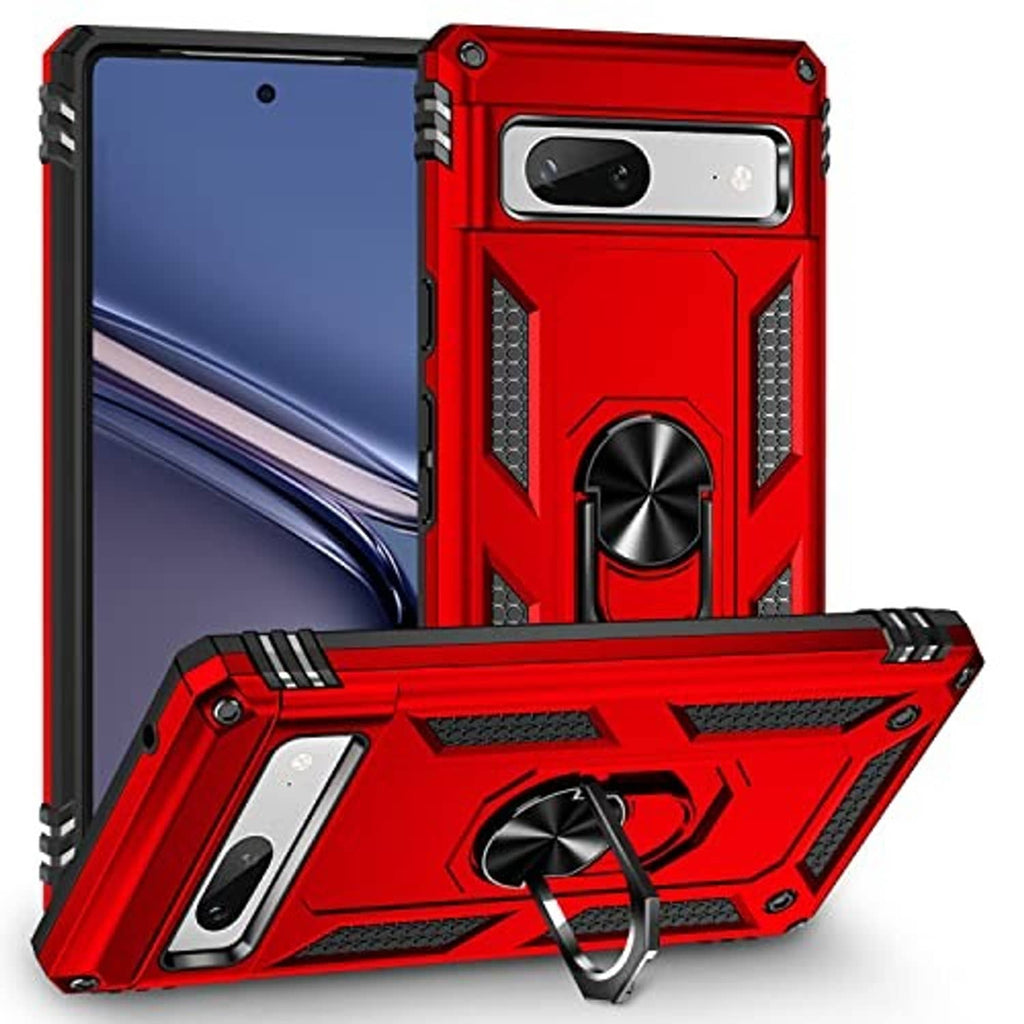 Red rugged phone case with built-in kickstand ring and textured grip panels