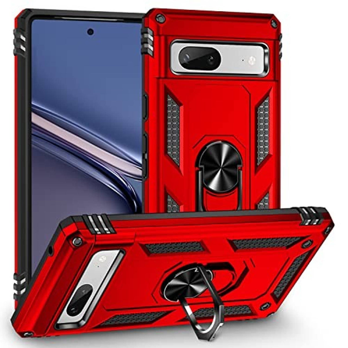 Red rugged phone case with built-in kickstand ring and textured grip panels