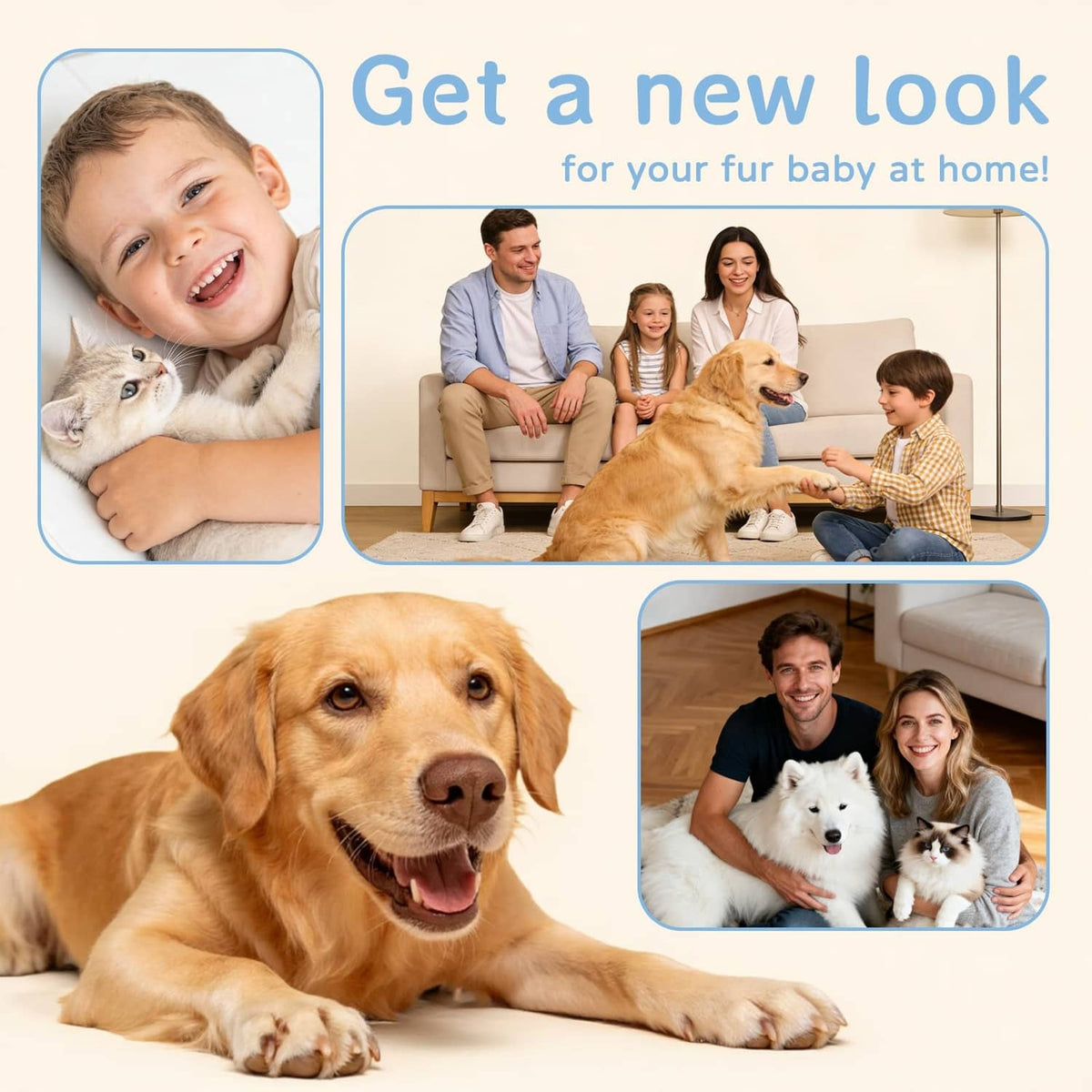 Dog with a pet family at home, promoting use of the grooming vacuum kit