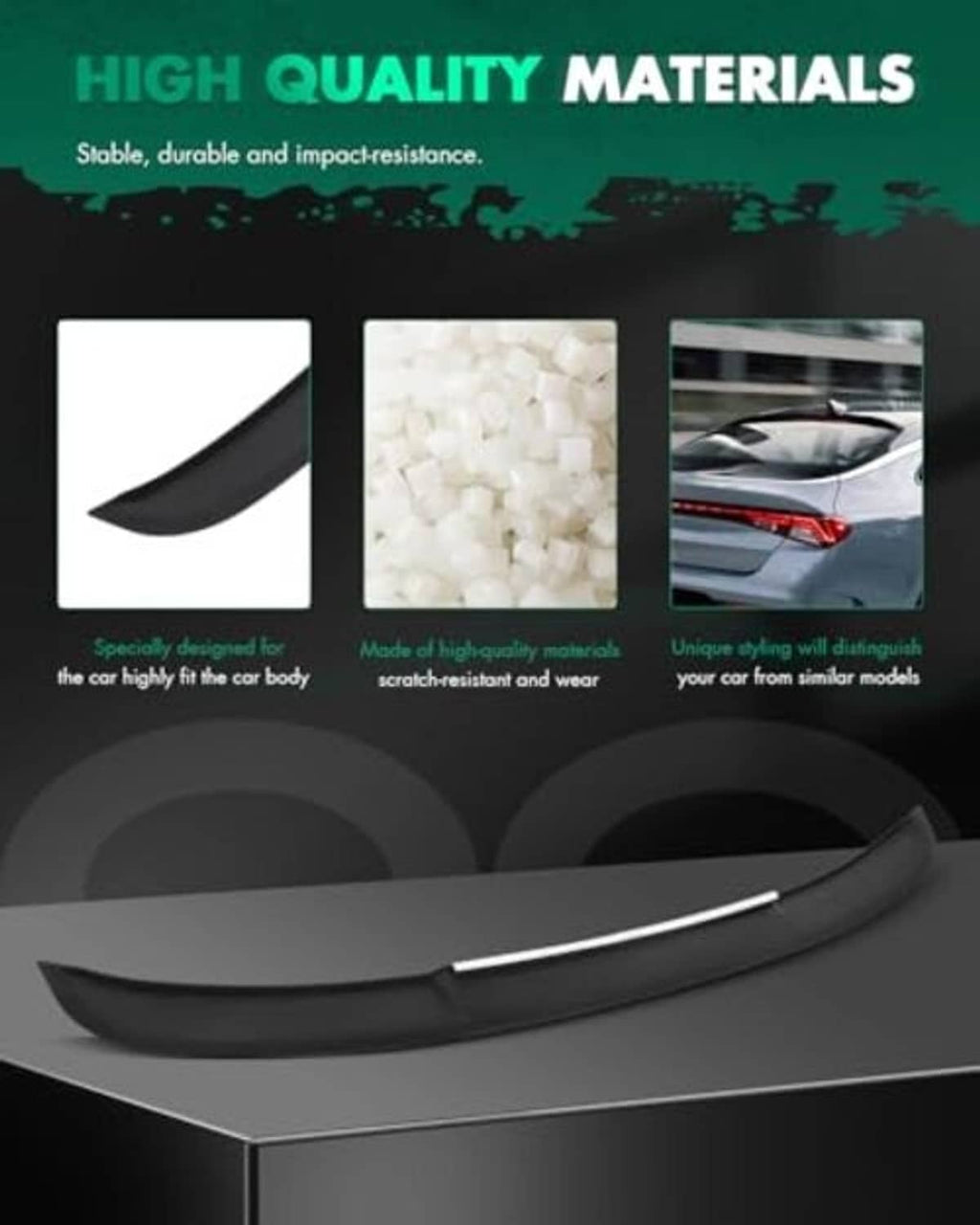 Glossy black ABS roof spoiler, flexible curved design in product graphic