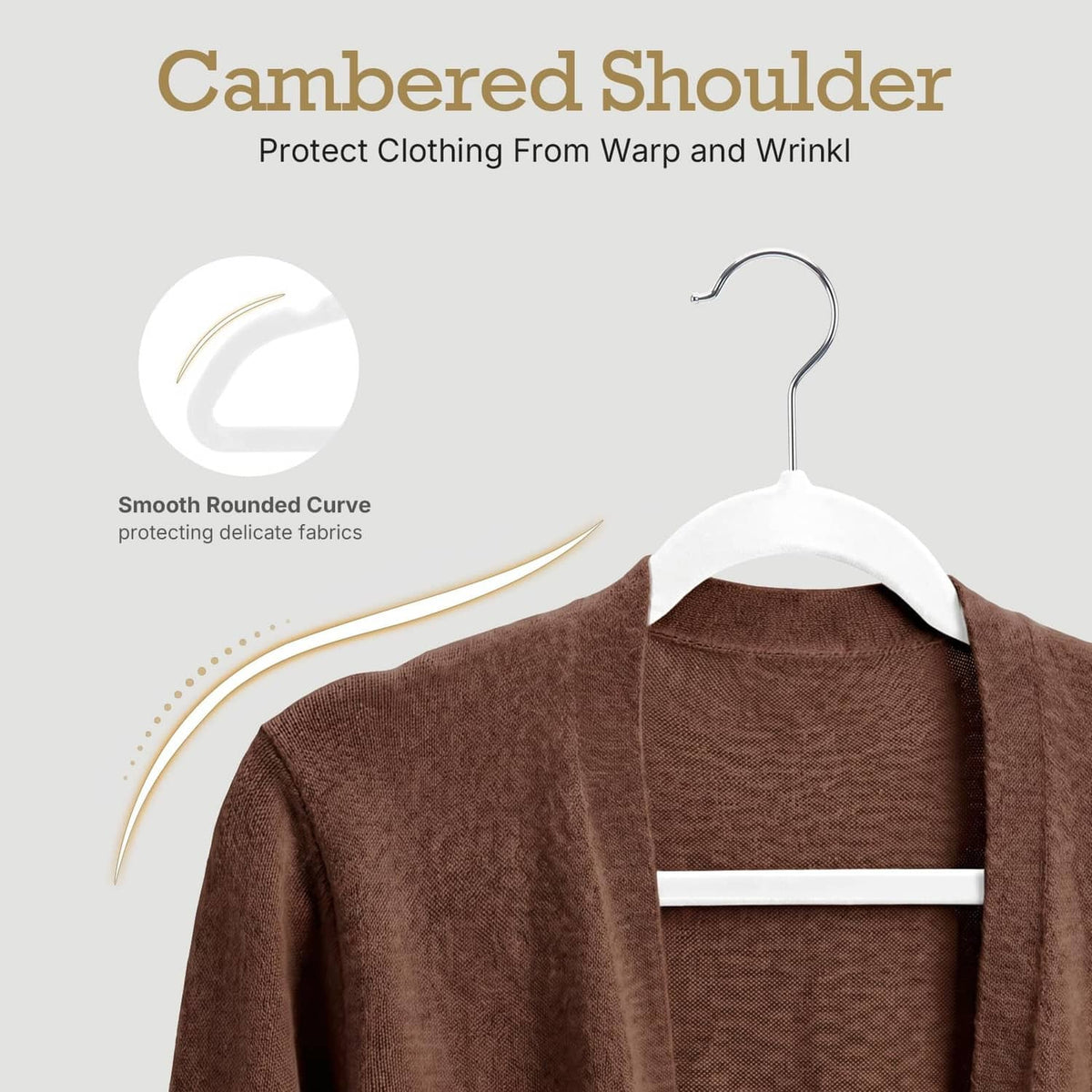 Cambered-shoulder velvet hanger with rounded hook to help protect clothing from wrinkles
