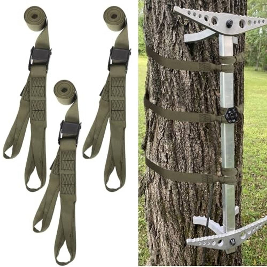 Three olive tree stand replacement straps with black buckles, woven pattern, and loose ends