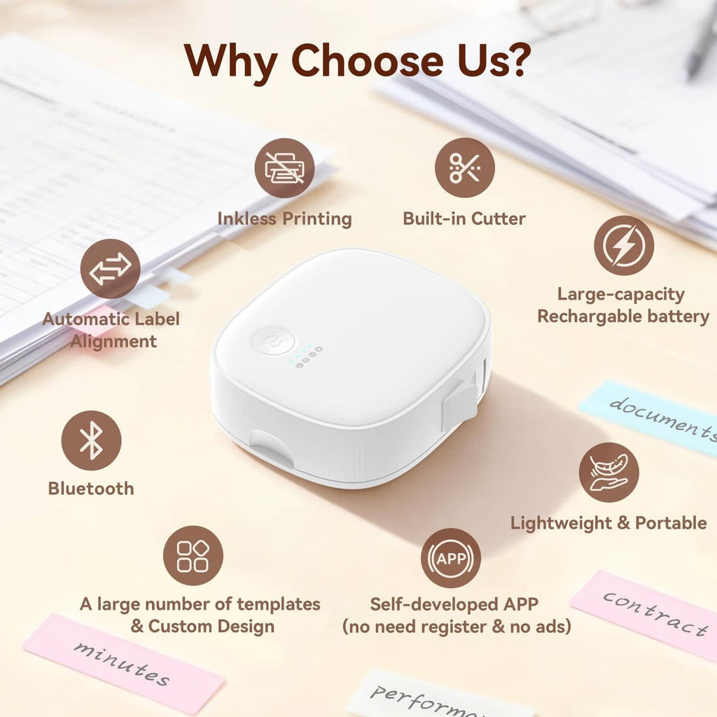 White label maker showing feature icons for Bluetooth and built-in cutter