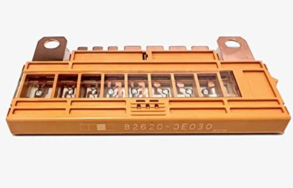 Automotive fuse link block with clear fuse channels, orange housing and mounting ears
