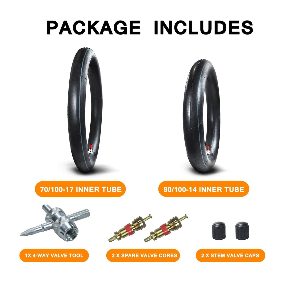 Motorcycle inner tube pair with valve tool, spare cores, and valve caps