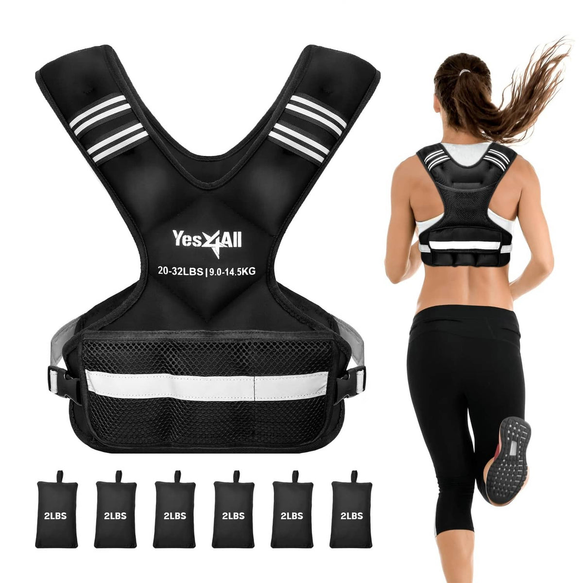 Black weighted vest set with reflective stripes, adjustable back straps, and weight packs