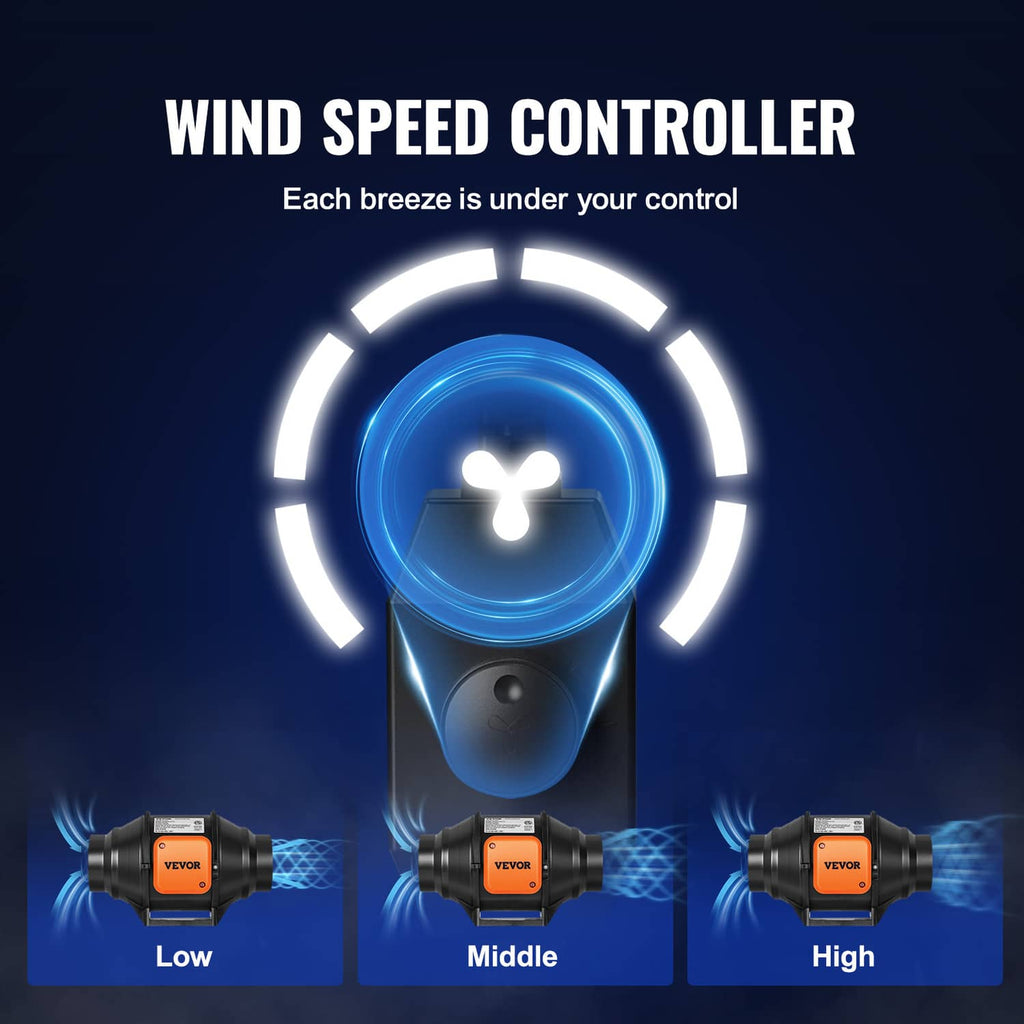 Inline duct fan speed controller with low, middle, and high indicator icons