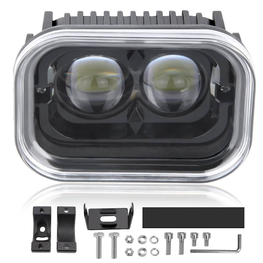 Dual-lens LED driving light with clear front lens and black inner housing, chrome bezel