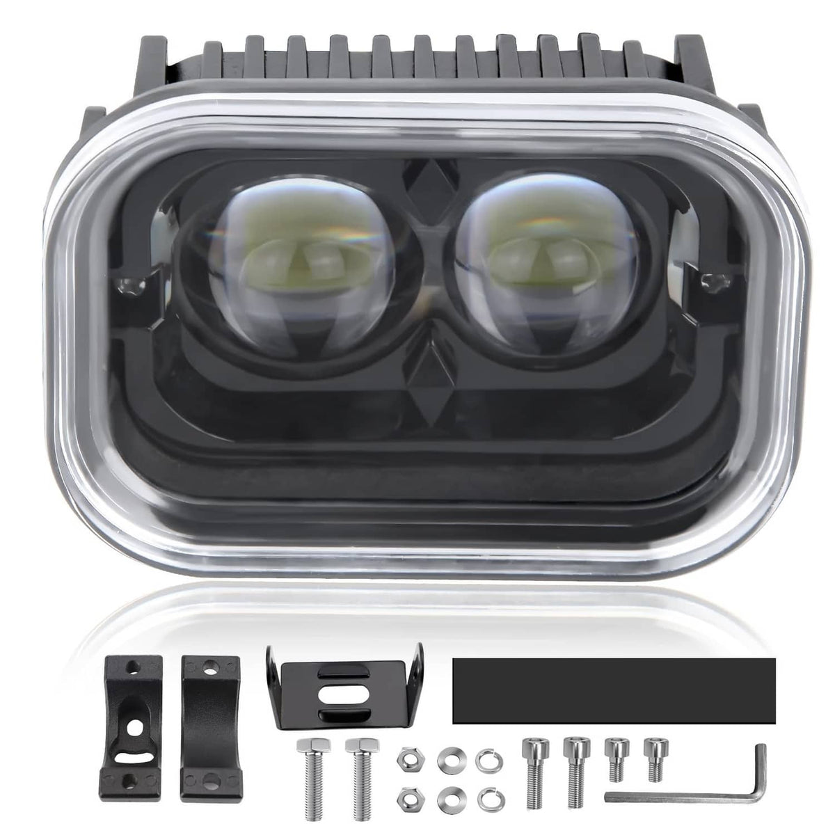 Dual-lens LED driving light with clear front lens and black inner housing, chrome bezel