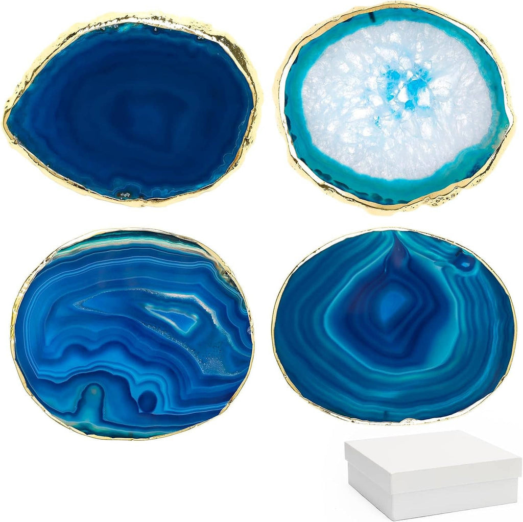 Set of four round blue agate coasters, gold-edge rims, teal and dark blue stone