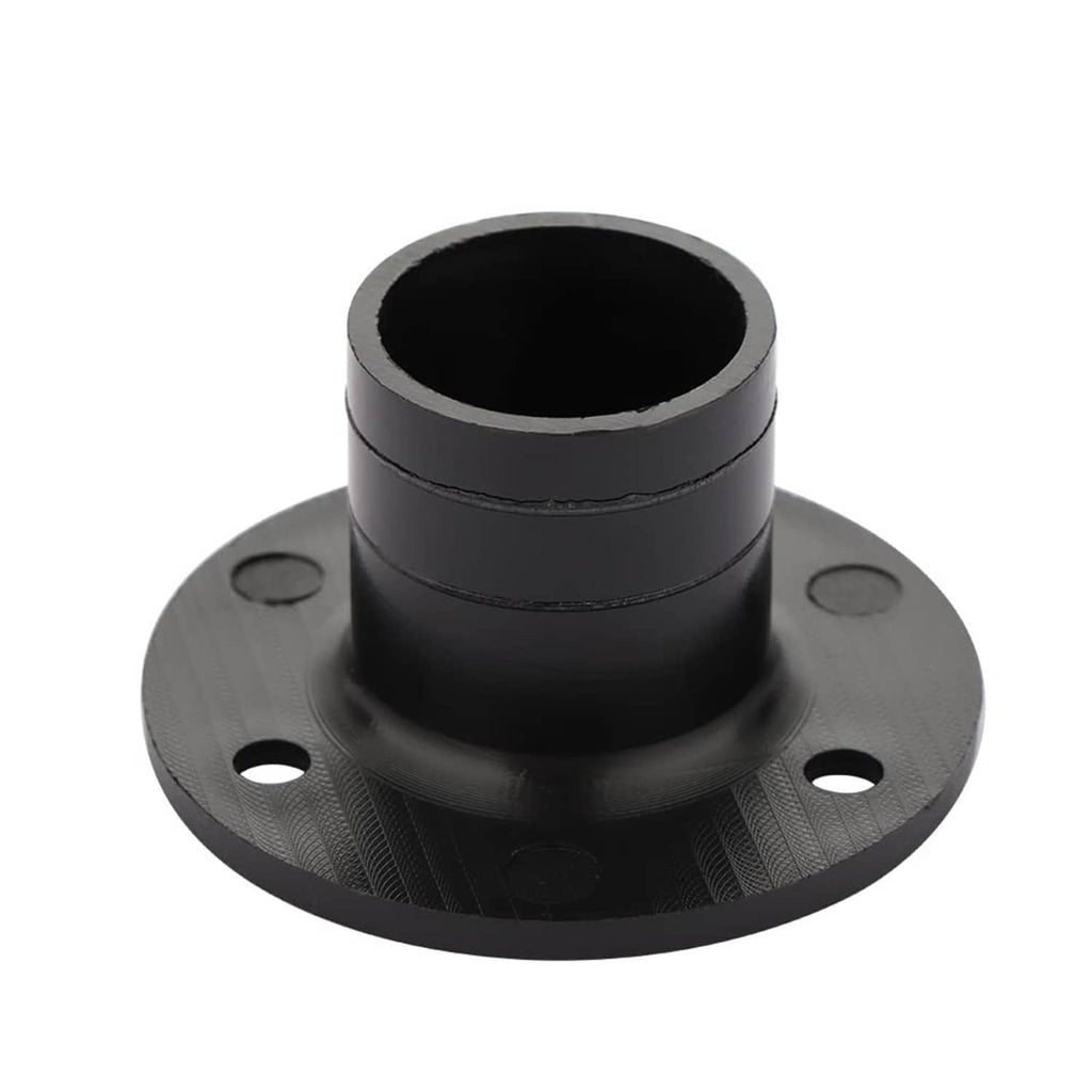 Black nylon deck drain fitting with wide round outlet and flanged mounting plate
