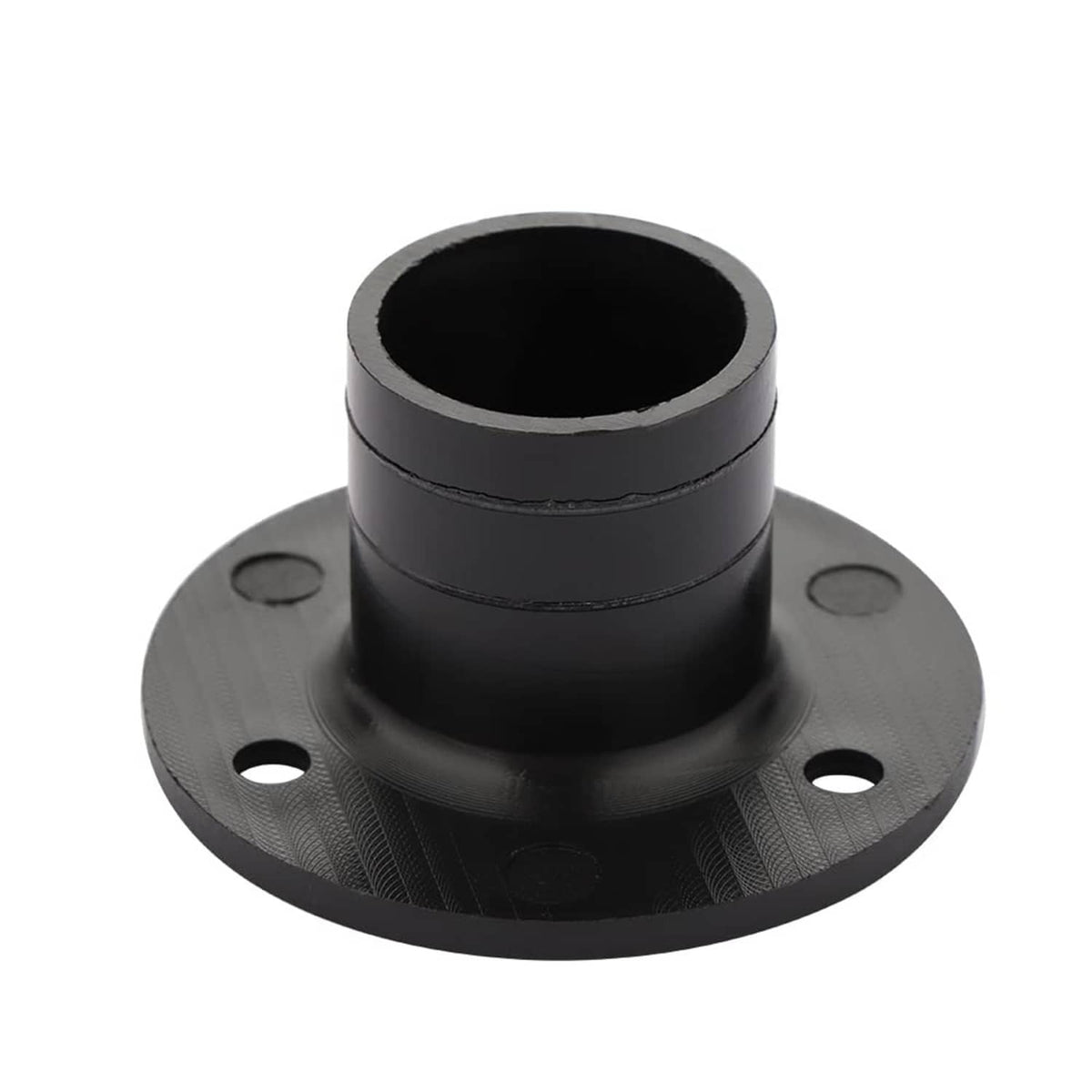 Black nylon deck drain fitting with wide round outlet and flanged mounting plate