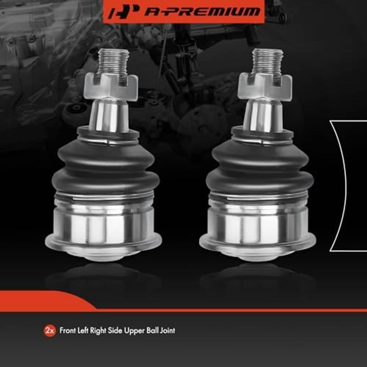 R-Premium front upper ball joints pair with black rubber boots and chrome housings