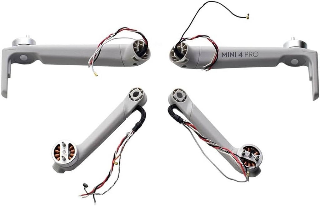 Set of DJI Mini 4 Pro motor arms with motors and wiring, gray with prop mounts