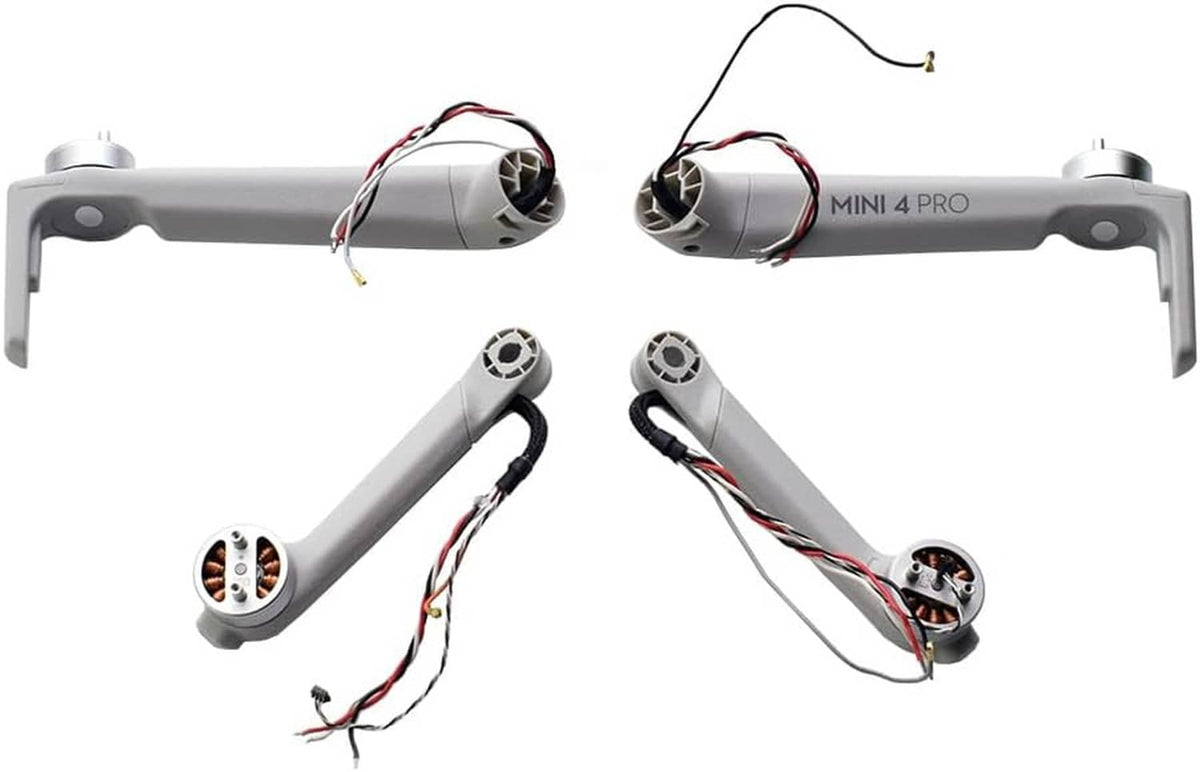 Set of DJI Mini 4 Pro motor arms with motors and wiring, gray with prop mounts