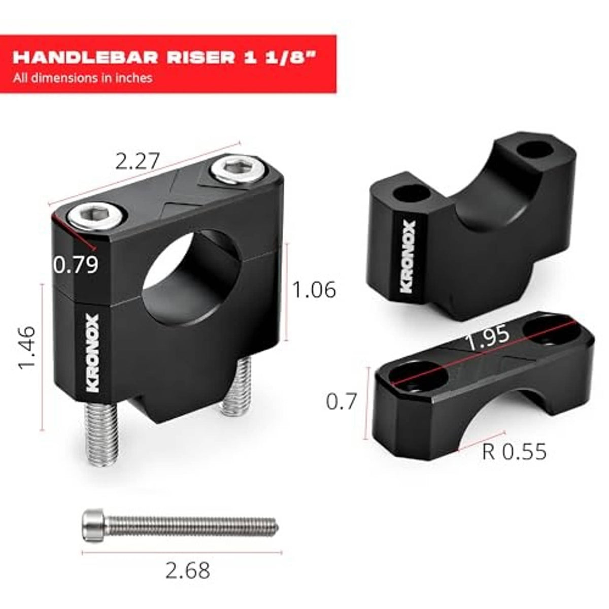 Black handlebar riser clamps with inch dimension labels and included mounting bolt