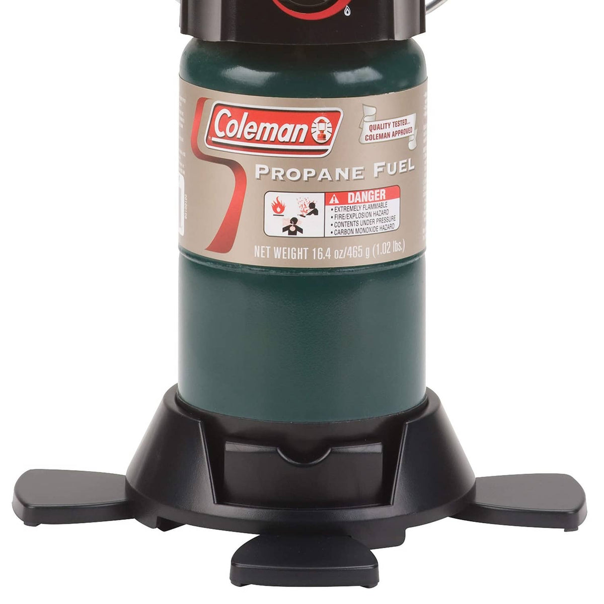 Coleman propane fuel canister with printed label, dark base, and side supports