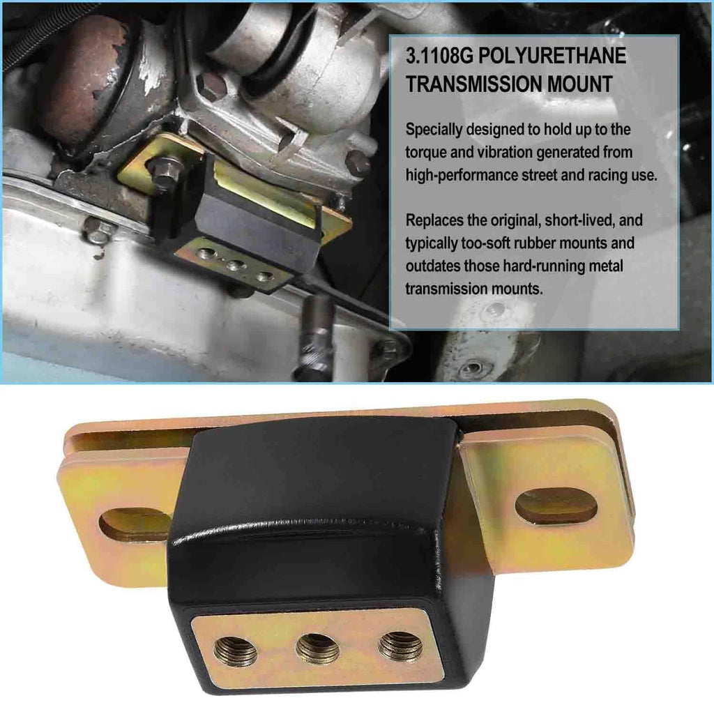 Polyurethane transmission mount with black bushing and yellow base bracket
