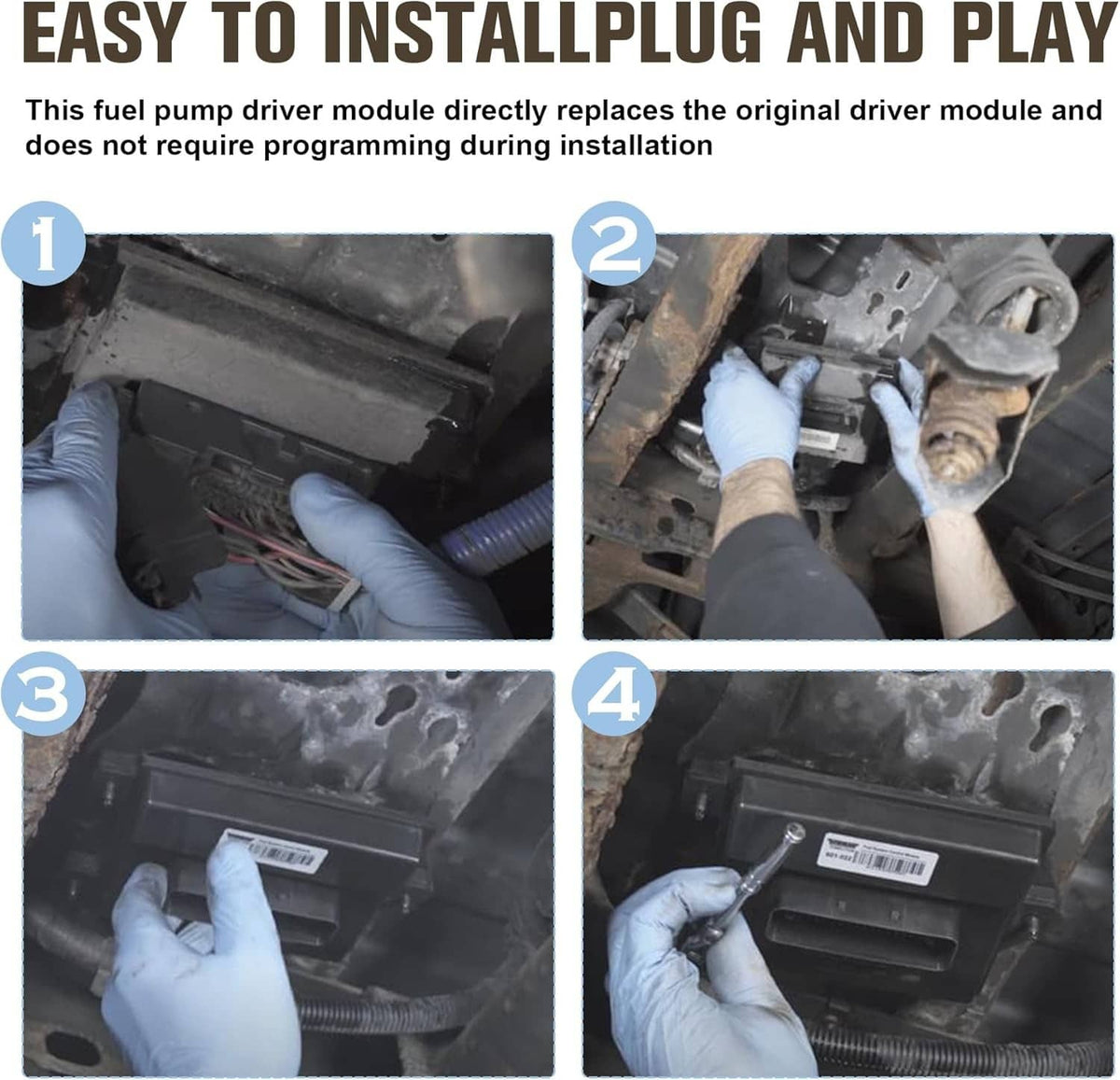 Fuel pump driver module shown for easy installation with plug-and-play wiring access