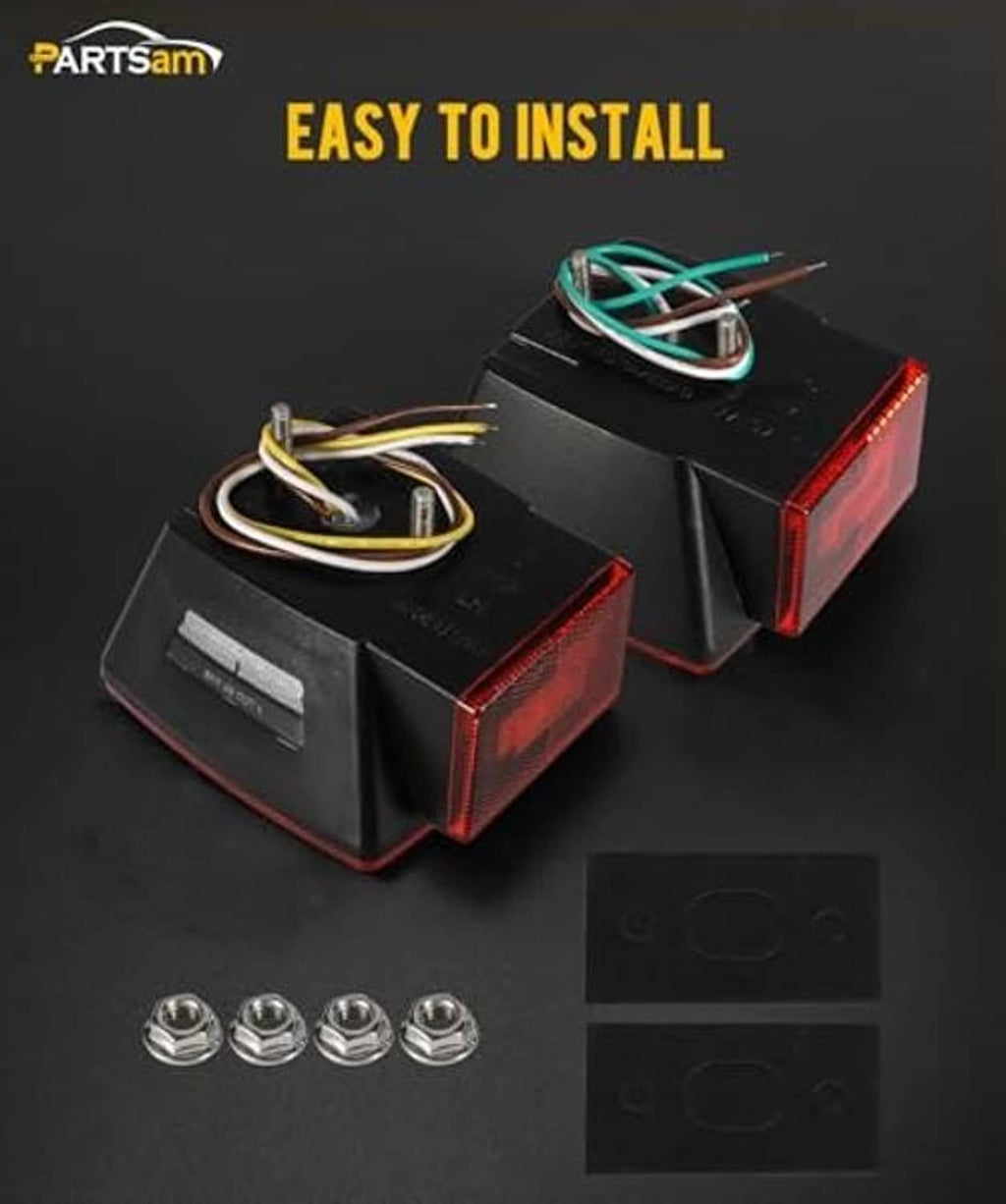 Pair of square red LED trailer tail lights with wiring harness and mounting hardware