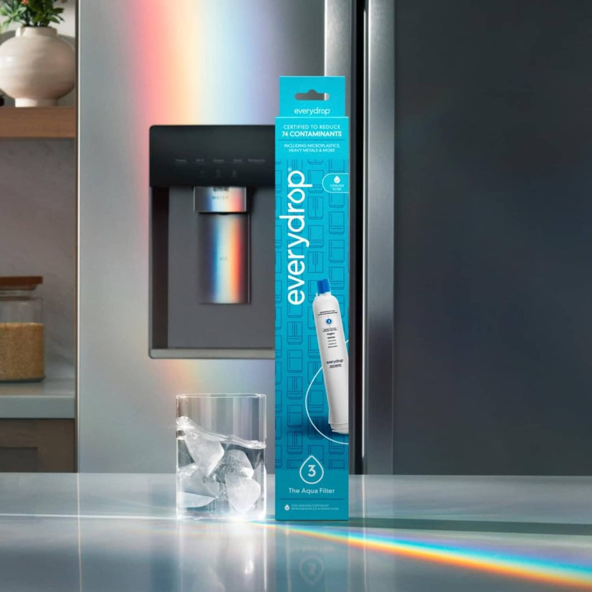 everydrop® The Aqua Filter cartridge and box shown inside a refrigerator