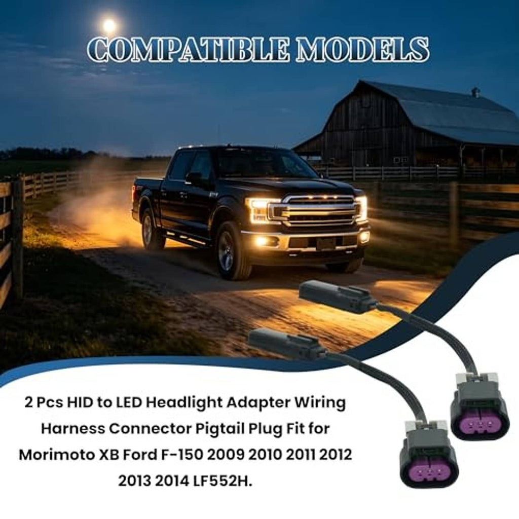 Headlight adapter wiring harness with two purple 3-pin connectors and braided leads
