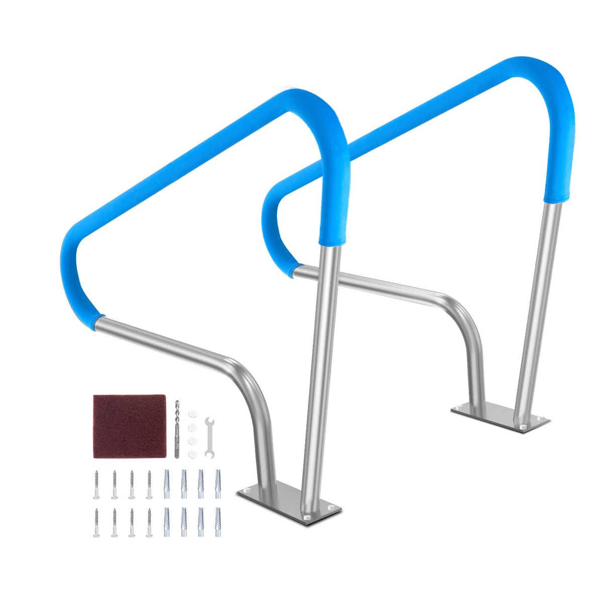Swimming pool handrail set with blue padded grip and stainless steel base plates, 2 pcs