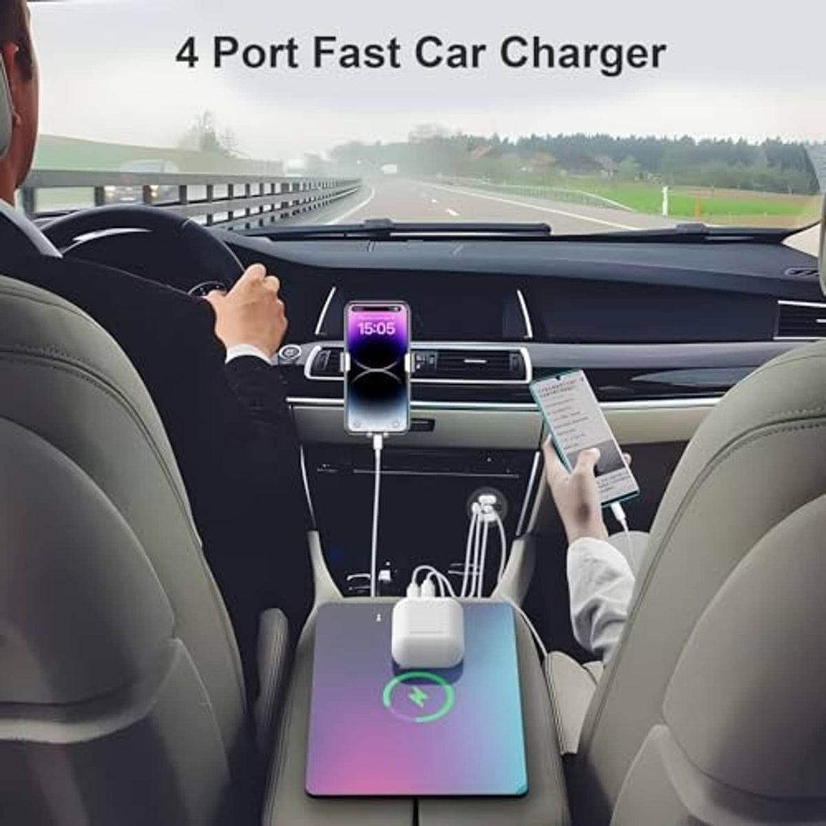 Black 4-port car USB charger plugged in on dashboard with charging cables
