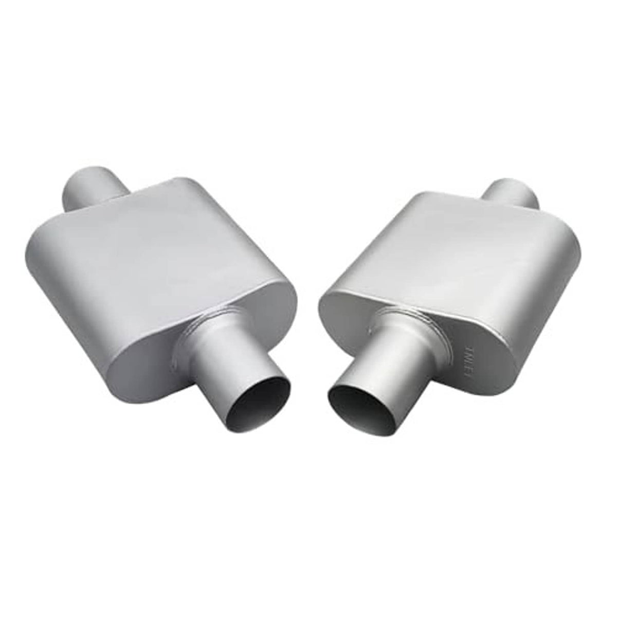 Silver muffler with rectangular canister housings and short angled outlet tubes