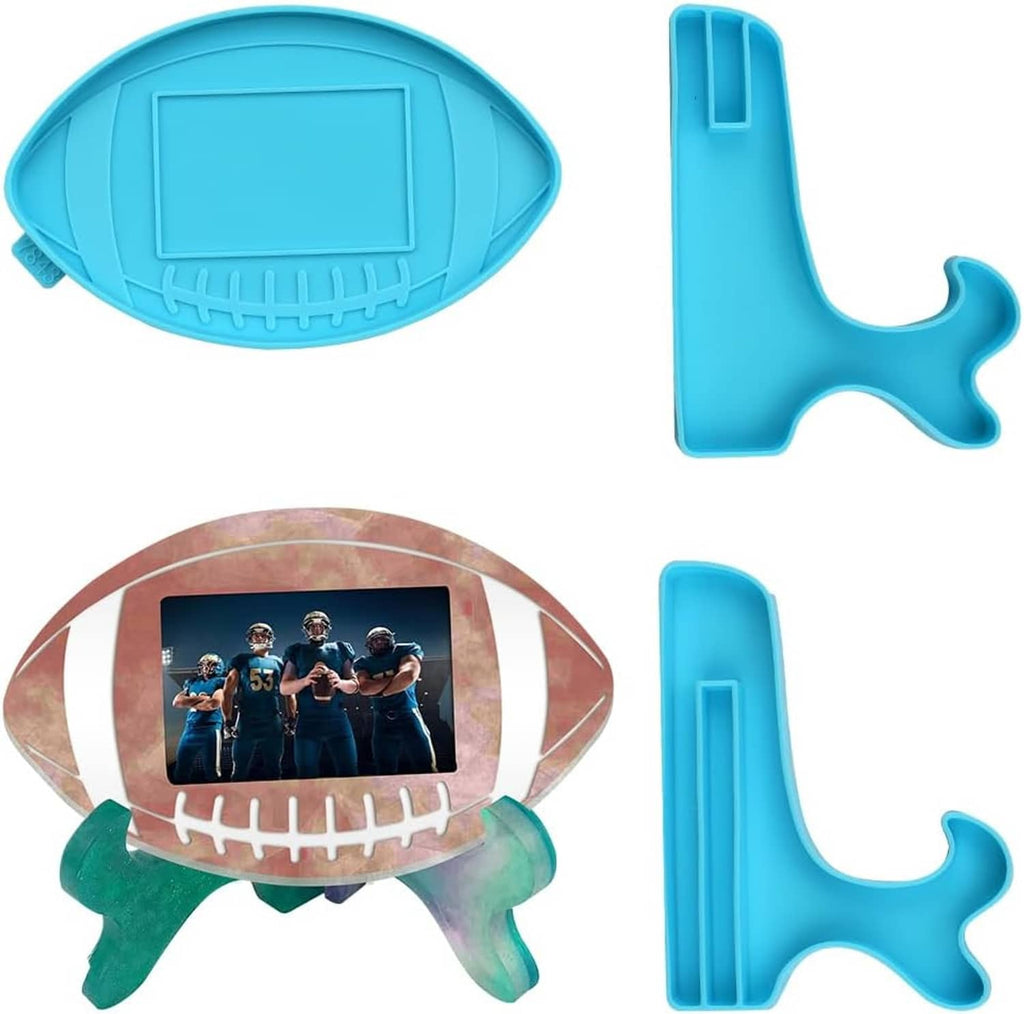 Set of blue silicone football photo frame molds with photo window placeholder