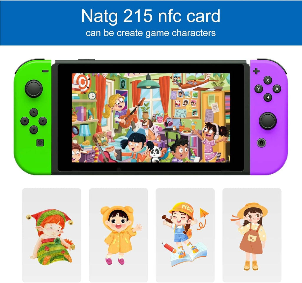 Black NFC cards with game character card options shown under a handheld console