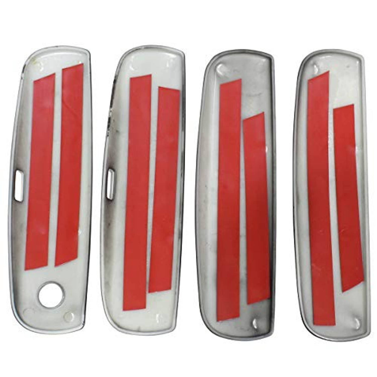 Set of four silver trim covers with red strip inserts and mounting holes