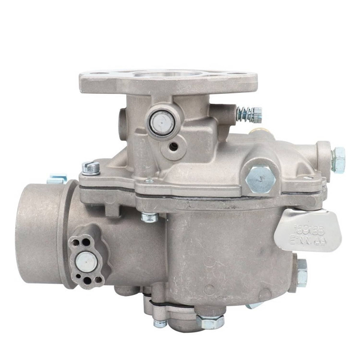 Gray metal carburetor with top cover, side ports, and threaded fittings