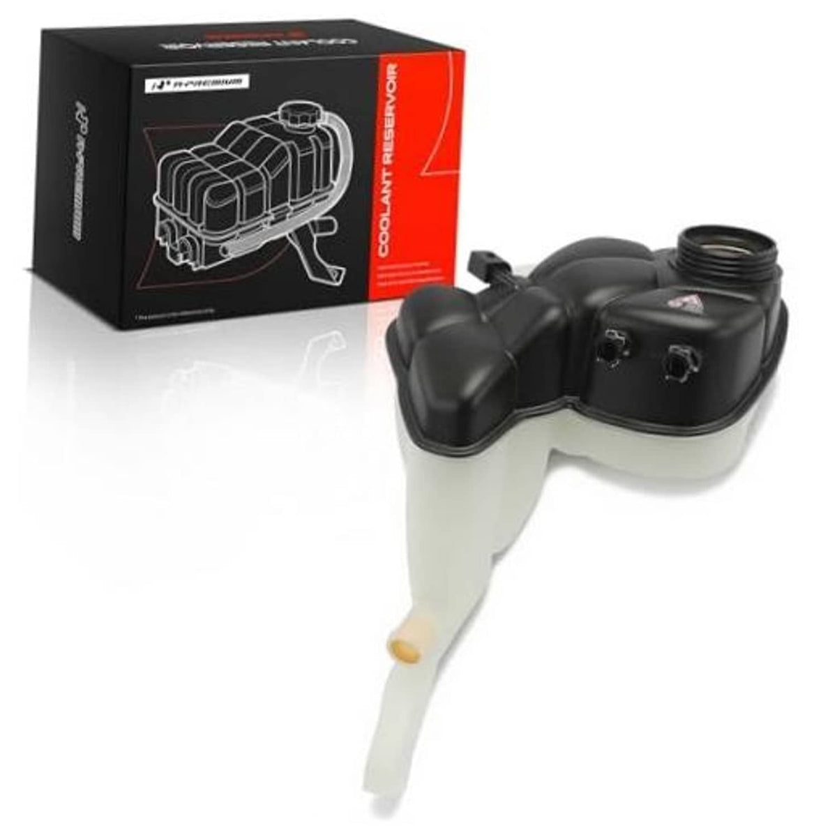 Engine coolant reservoir recovery tank with sensor, black cap and outlet tube