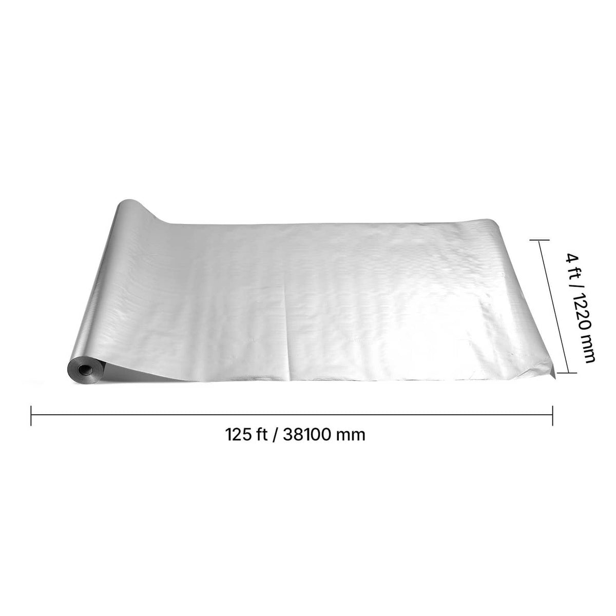 Double reflective insulation roll laid flat, silver aluminum foil over white woven fabric