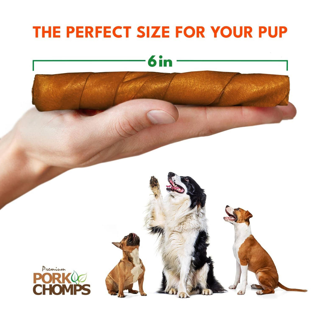 Hand holding 6-inch roasted pork skin dog chew twist