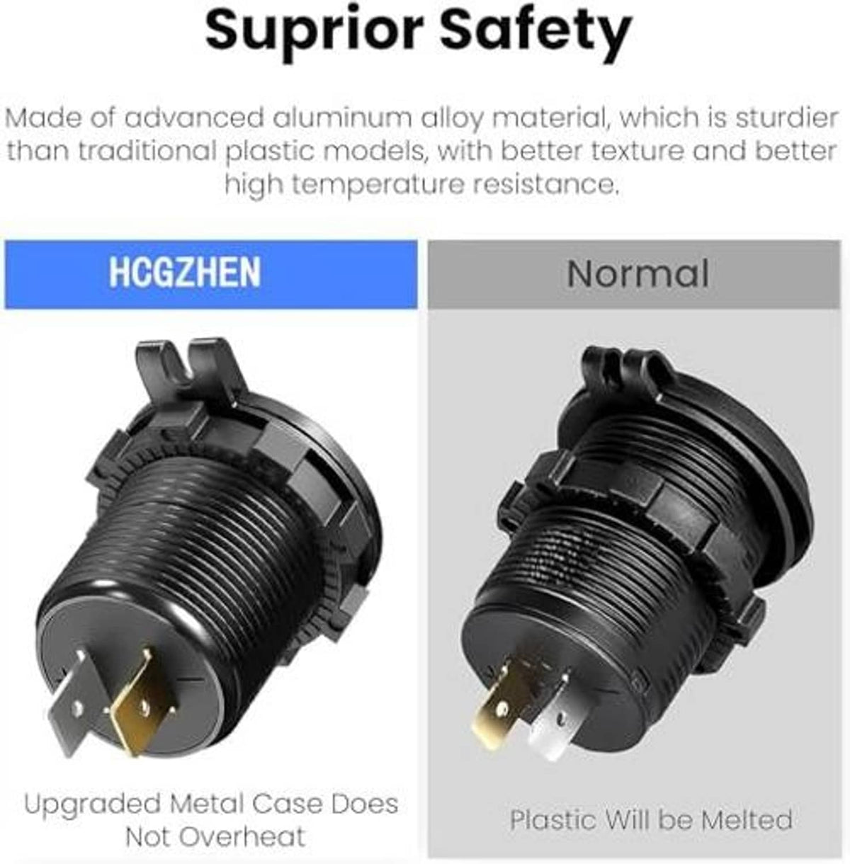 Black aluminum USB outlet case shown with power connector, safety comparison graphic