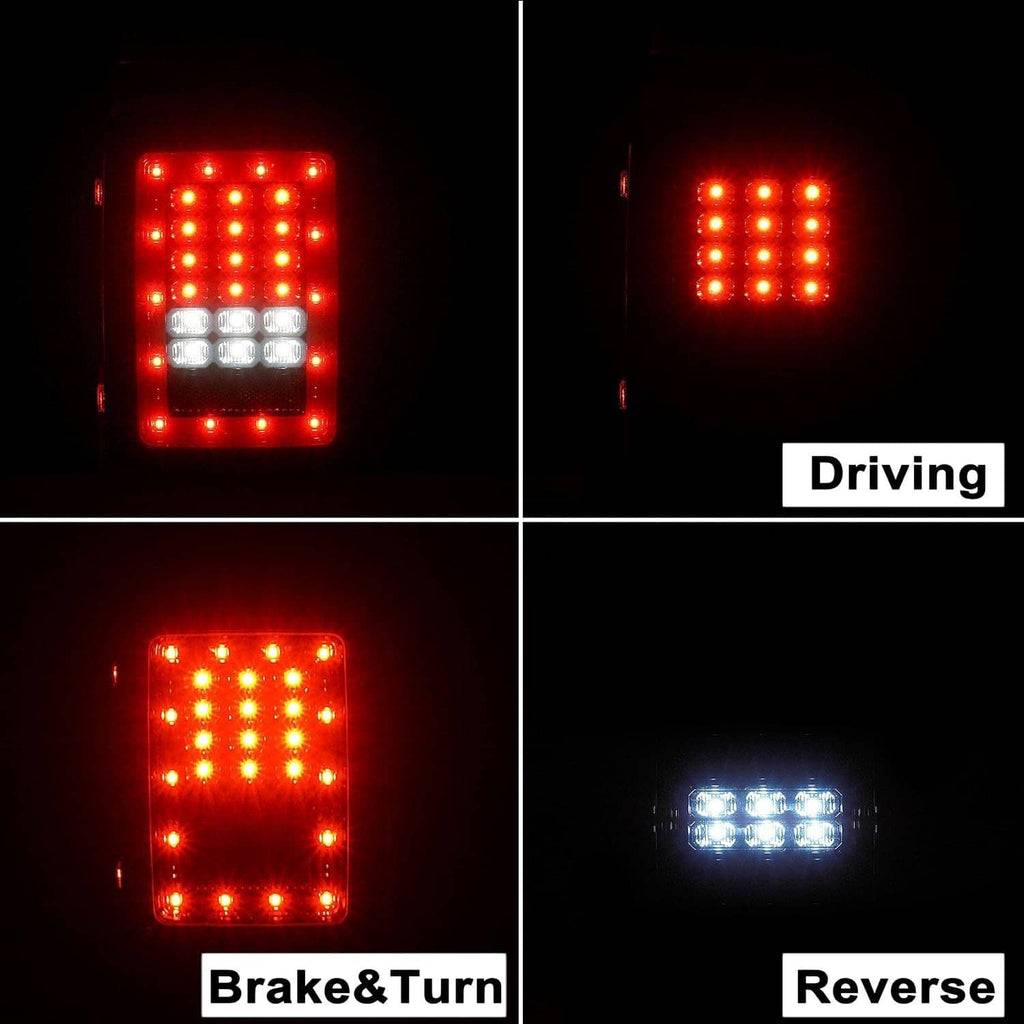 LED taillight light pattern set showing red brake/turn, yellow driving, and white reverse