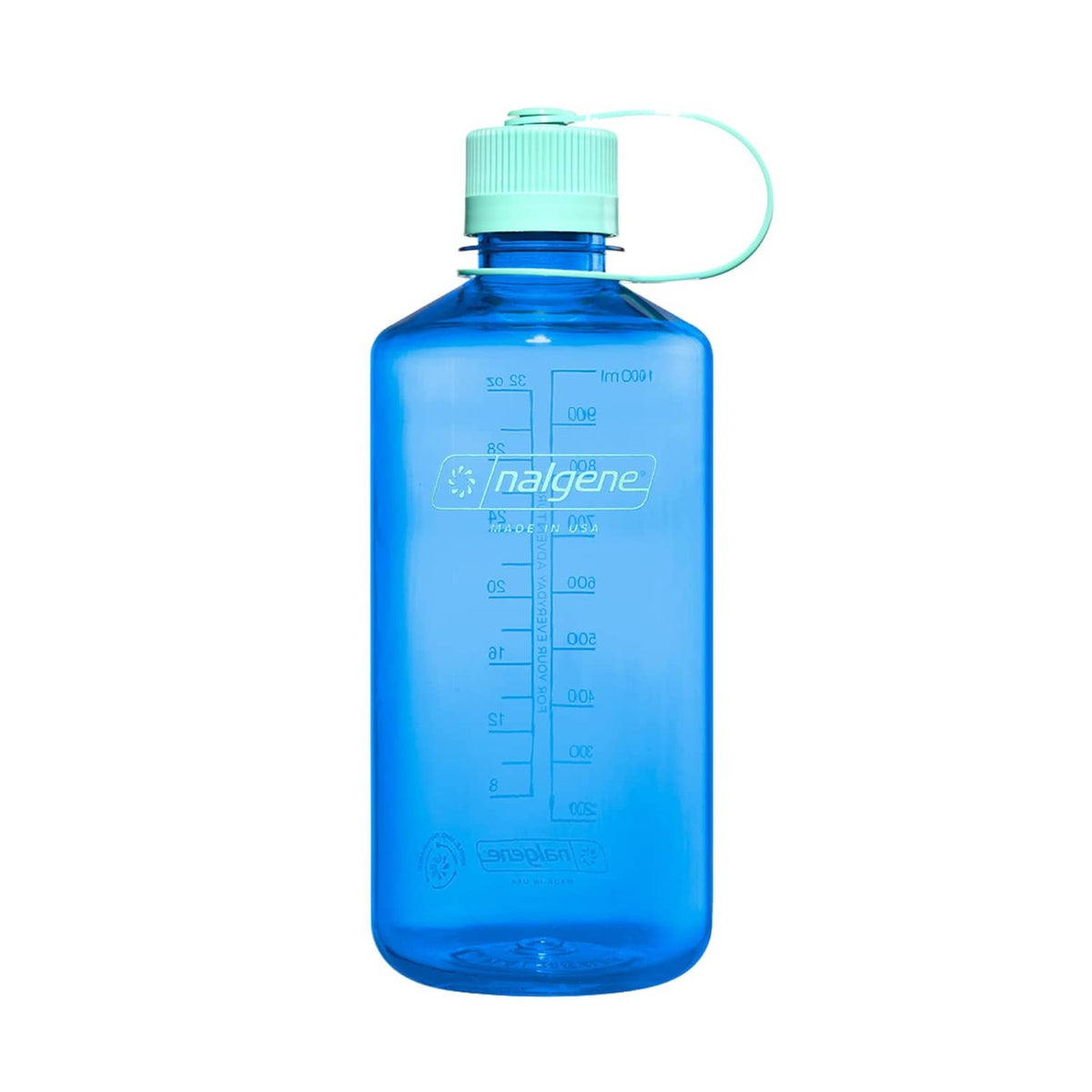 32 oz narrow mouth water bottle in cornflower blue with light-blue cap and handle loop