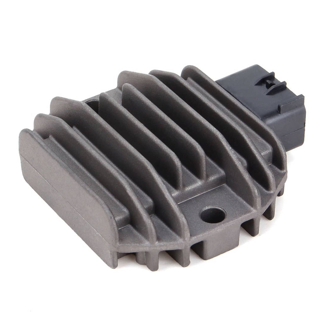 Voltage regulator rectifier unit angled view showing cooling fins and mounting holes